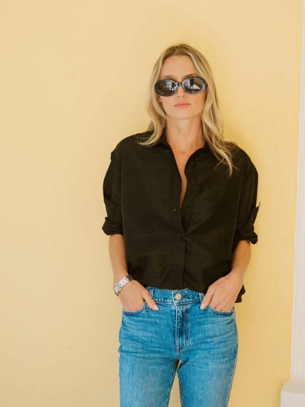 Julia Amory The Carolyn Shirt Dupioni Silk Oversized Button-Down Black size XS